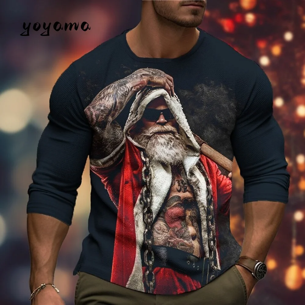 Men Long Sleeved T-Shirt 3D Print Santa Claus Pattern Autumn Christmas Theme Fashion Plus Size Men Clothing Loose O-Neck Men Top