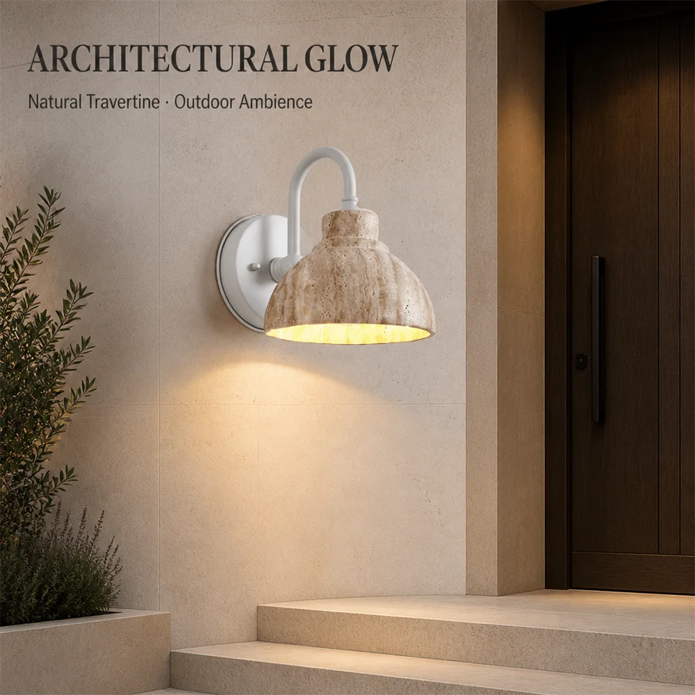 Waterproof Yellow Travertine Outdoor Wall Sconces Cream Style LED Exterior Porch Lighting Soft Warmth for Villa Courtyard Decora