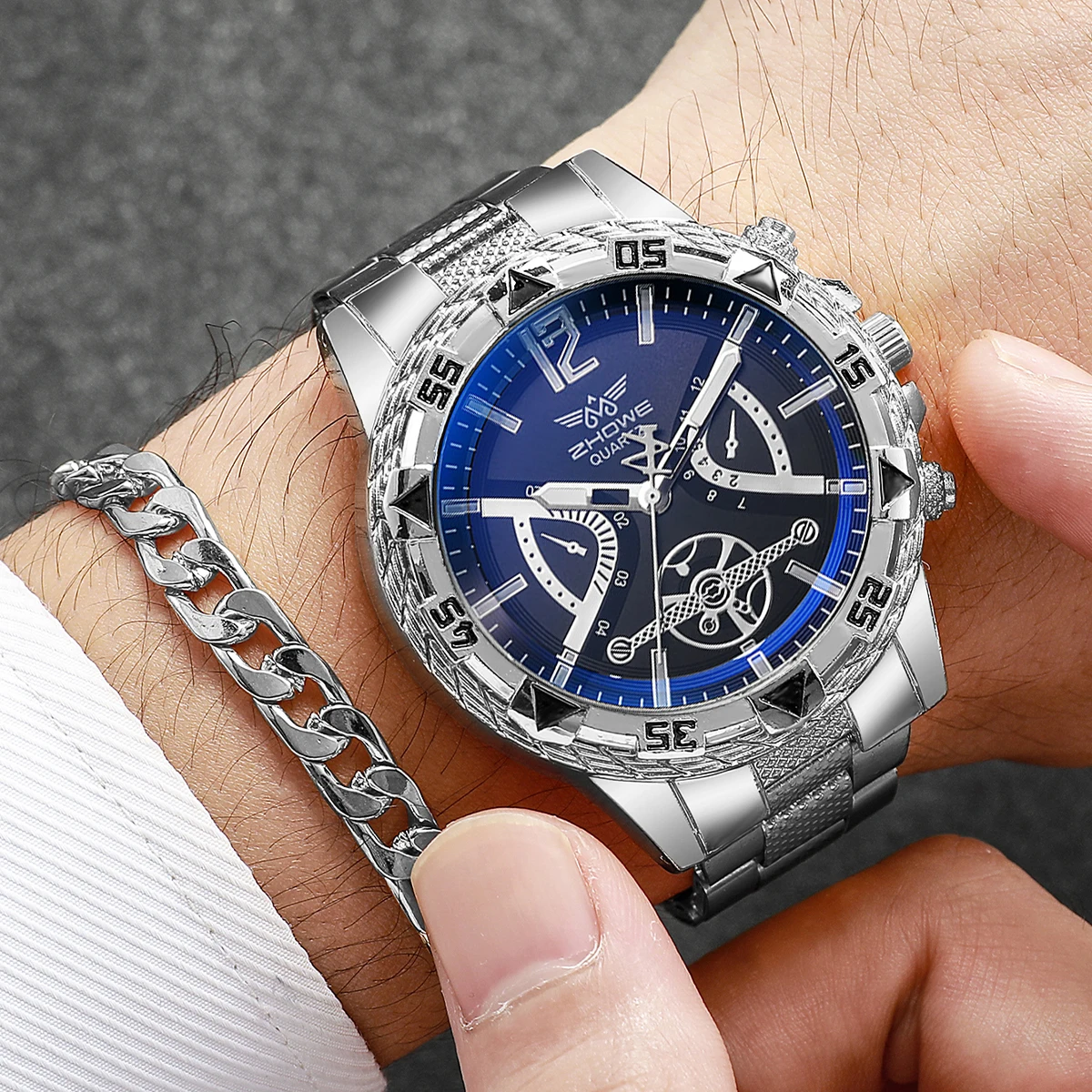 4 ピース/セット高級メンズクォーツ時計ファッションラージダイヤルメンズビジネス腕時計ジュエリーセットリロイ Hombre (箱なし)