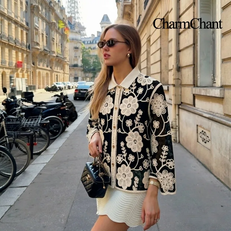 CHARMCHANT Women's Floral Embroidery Lace Jacket Flare Sleeve Hollow Out Vintage French Crochet Cardigan Outerwear Spring 2026