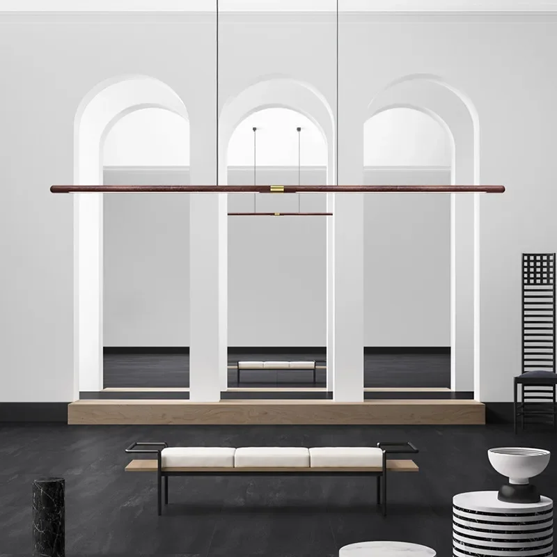 Walnut Colored Pendant Lamp Modern Simple Long Strip Splicing Solid Wood LED Dining Room Living Room Decorative Lighting Fixture