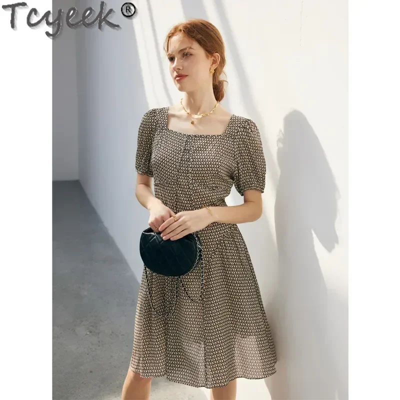 Tcyeek 100% Mulberry Silk Dresses for Women 2024 Short Sleeve Dress Summer Clothes Elegant Women's Dresses Plaid Платье Женско