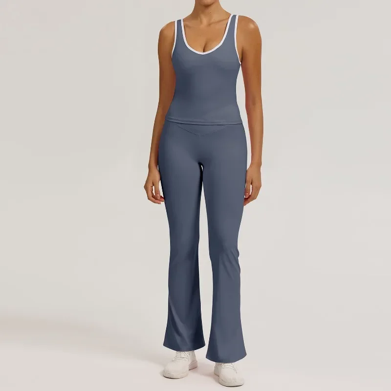 

Женский бесшовный комплект для йоги из 2 предметов, расклешенные широкие брюки с подтяжкой ягодиц, спортивный жилет контрастного цвета, быстросохнущая одежда для бега в тренажерном зале