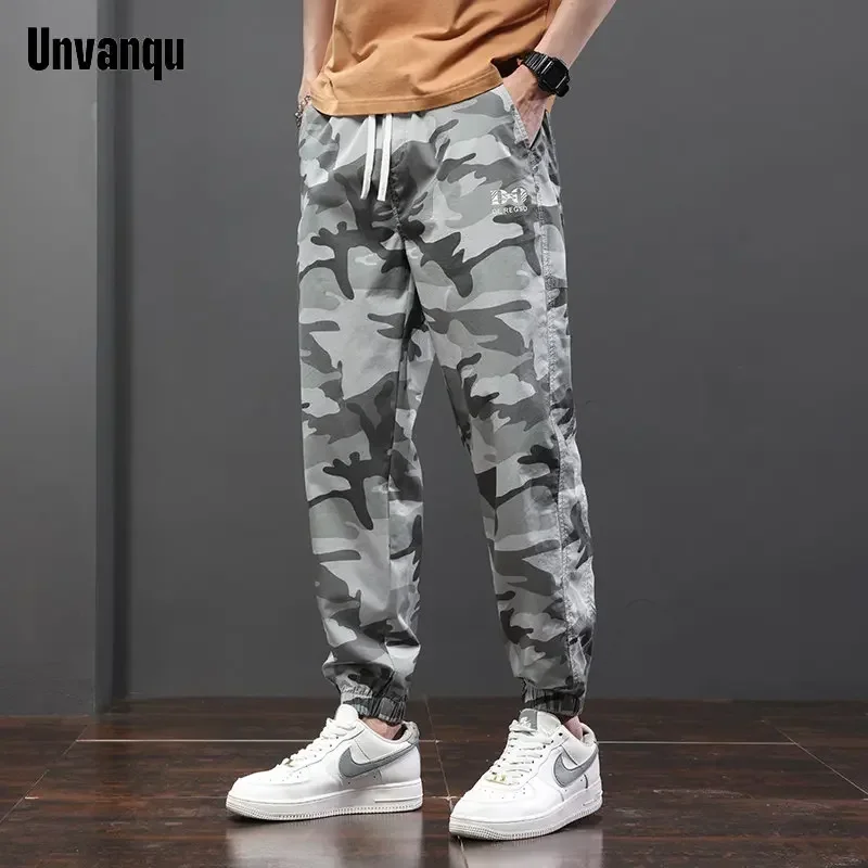 UNVANQU 2023 Y2k Autumn Streetwear Straight Men's Clothing Military Camouflage Ankle Length Harem Casual Cargo Jogger Trousers