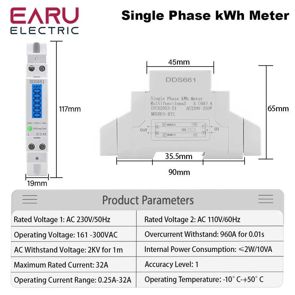 Single Phase Backlight Wattmeter Power LCD Digital Display Consumption KWh 5(60)A 110V/230VAC 50Hz Watt Din Rail Energy Meter