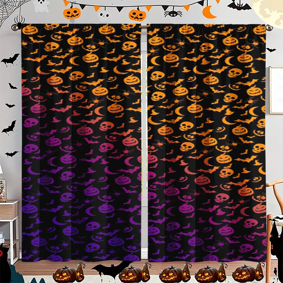 2PCS Digital Print Curtain, Gradient Pumpkin Faces Pattern, Orange Purple Halloween Ombre Style for Living Room Bedroom Decor
