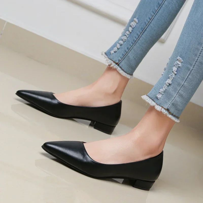 2024 New Fashion Spring and Autumn Pointed Shallow Mouth Casual Simple Women\'s Thick  High Heels  Mom\'s Shoes