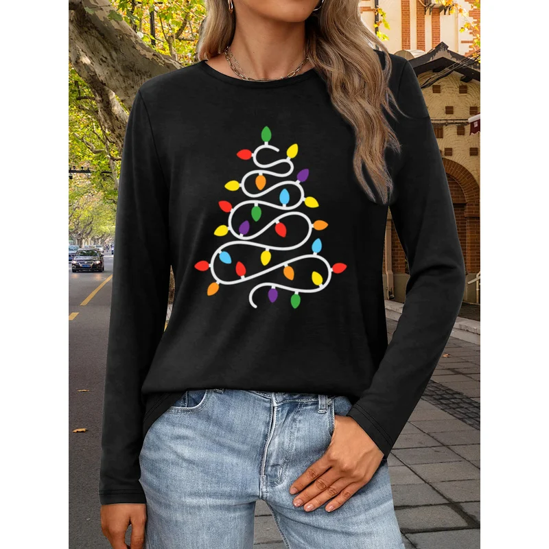Colorful Christmas tree pattern long-sleeved top for women，New women's clothing
