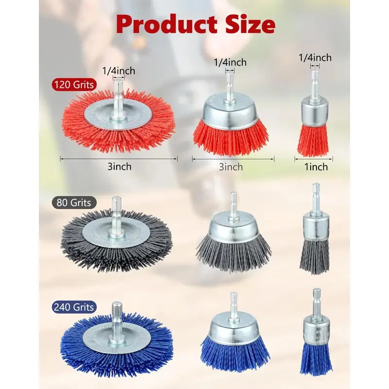 9 Pack Nylon Abrasive Brush Wheel & Cup Brush Set For Drill With 1/4 Inch Hex Shank, 80 120 240 Grit For Rust Paint Removal