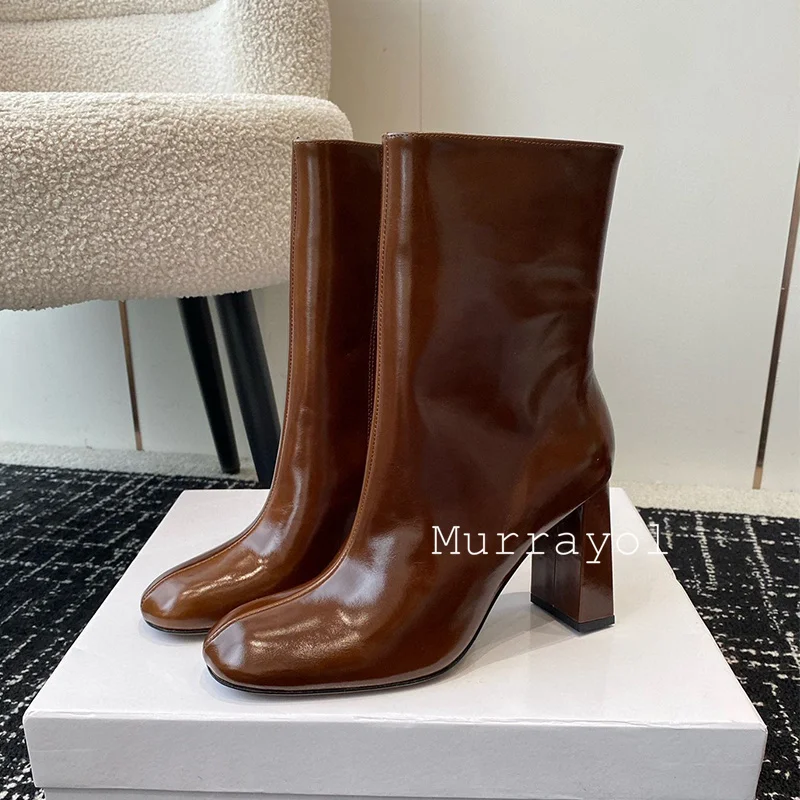 Genuine Leather High-Heeled Short Boots Women Round Toe Retro Style Chelsea Boots Spring Autumn Side Zipper Design Ankle Botas