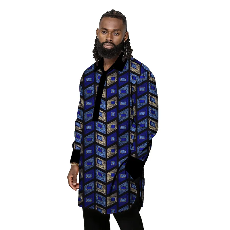 Men's Patchwork Shirt Nigerian Fashion Designer Tailored Male Tops With Black Collar African Couture Party Wear