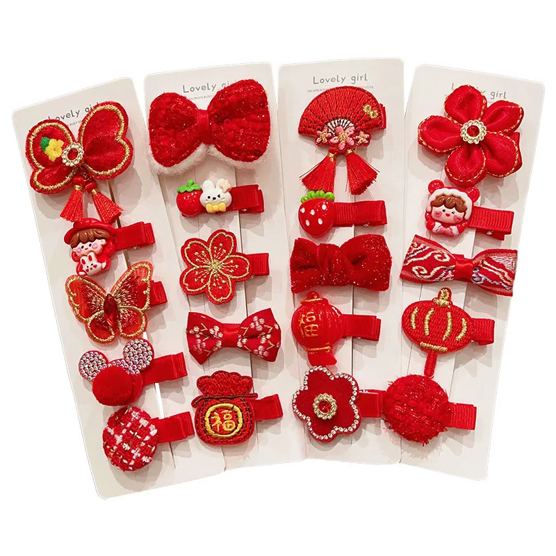 4-8 teile/satz Kinder Rot Haar Zubehör Mädchen Neue Jahr Haar Clips Blume Bogen Stil Rote Haarnadeln Headwear Kinder