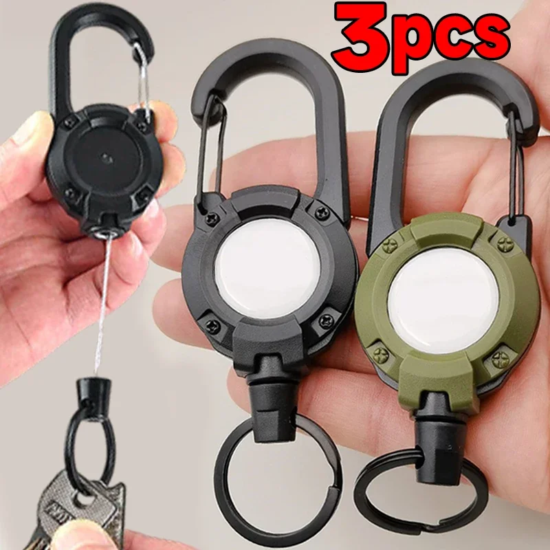 1/3pcs Heavy Duty Retractable Pull Badges ID Reel Carabiner Key Chain Steel Wire Rope Buckle Key Holder Outdoor Keychain Tools