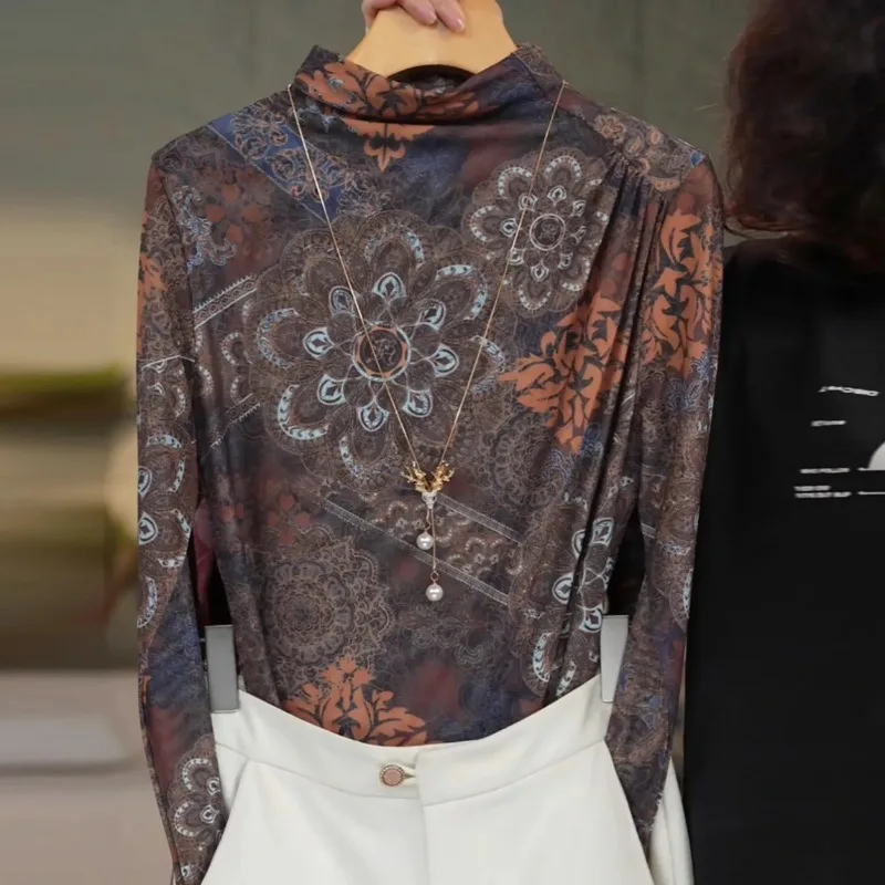 Printed Pullover Stretch Mesh Clothes Autumn Winter New Belly Covering Versatile Tops