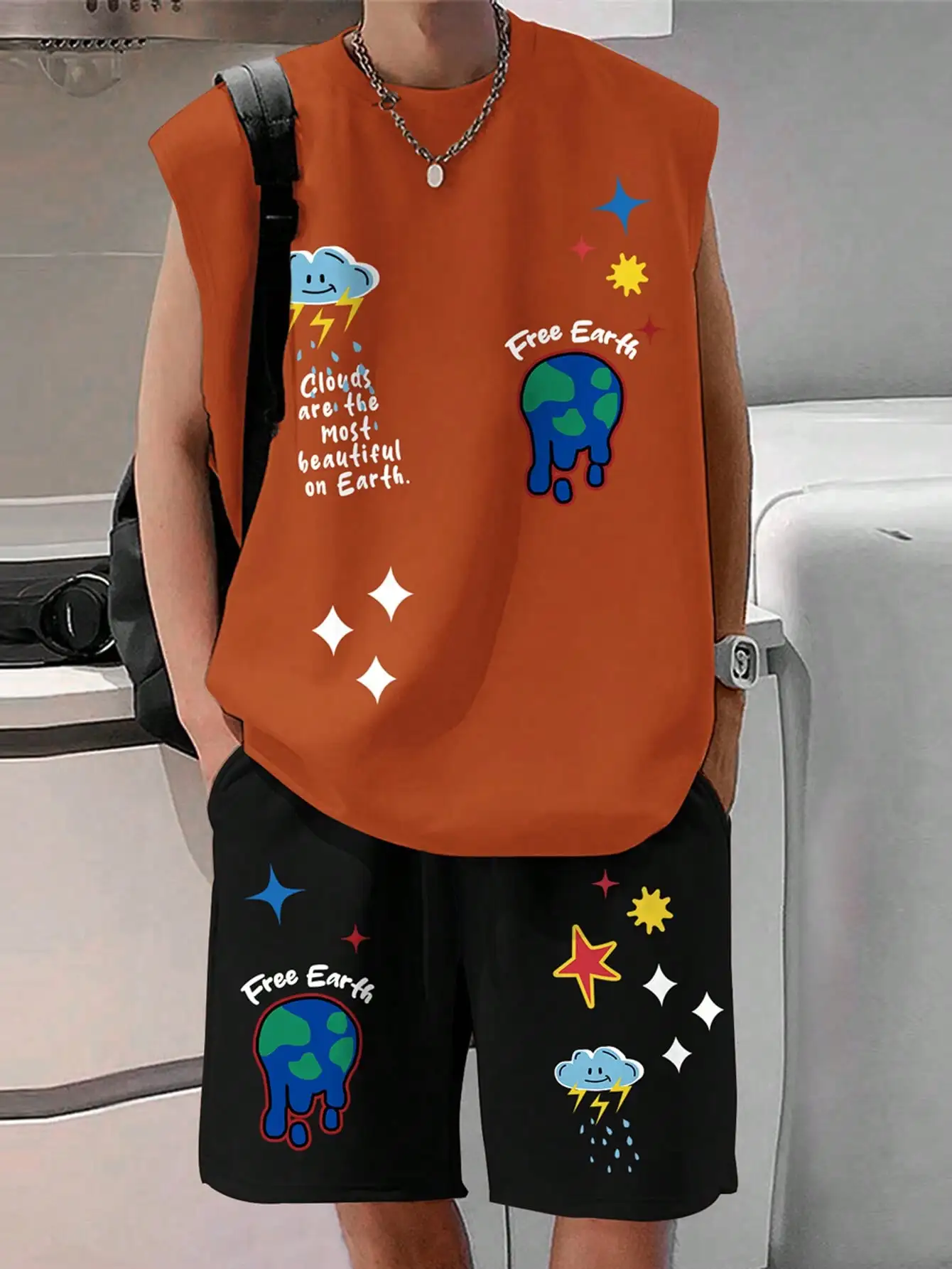 

Mens Sleeveless Cartoon Print Tank Top And Shorts Casual Co-ords Set