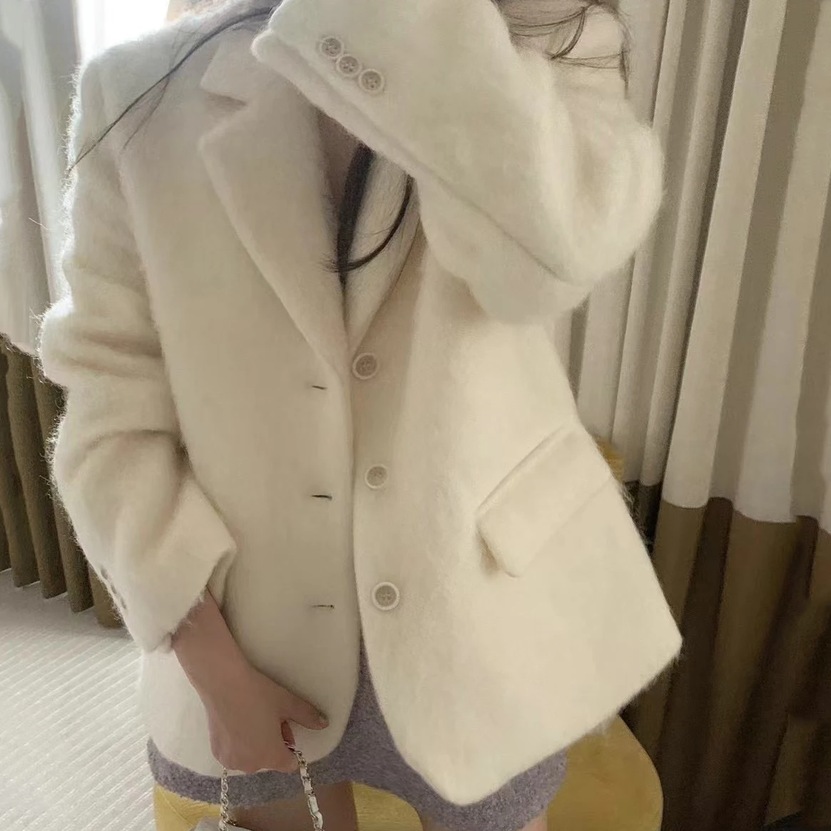 

Корейский теплый костюм Fce Jaet, свободный костюм с воротником на одной пуговице, осенне-зимняя женская модная рабочая одежда, чистый цвет