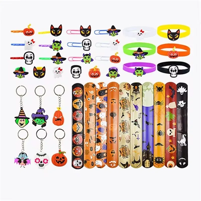 

Halloween Theme Party Decor Pumpkin Skull Silicone Keychains Bracelet Rings Kids Toy Halloween Birthday Party Gifts Baby Shower