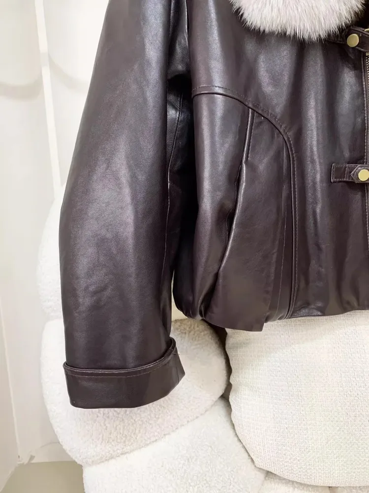 Winter New Warm Women Genuine Leather Goose  Down Coat Luxury Fox For Collar Sheepskin Jacket Loose Fit Ladies Casual Outerwear