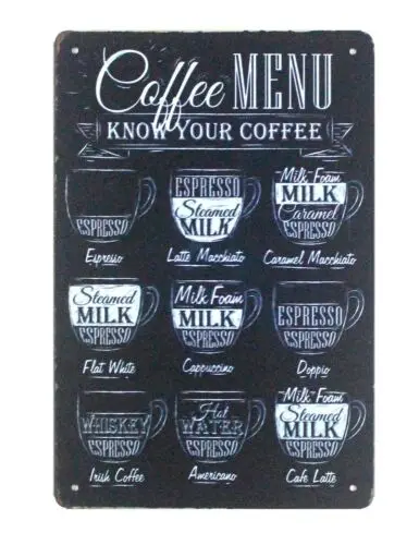 Coffee menu know your coffee tin metal sign paintings and prints