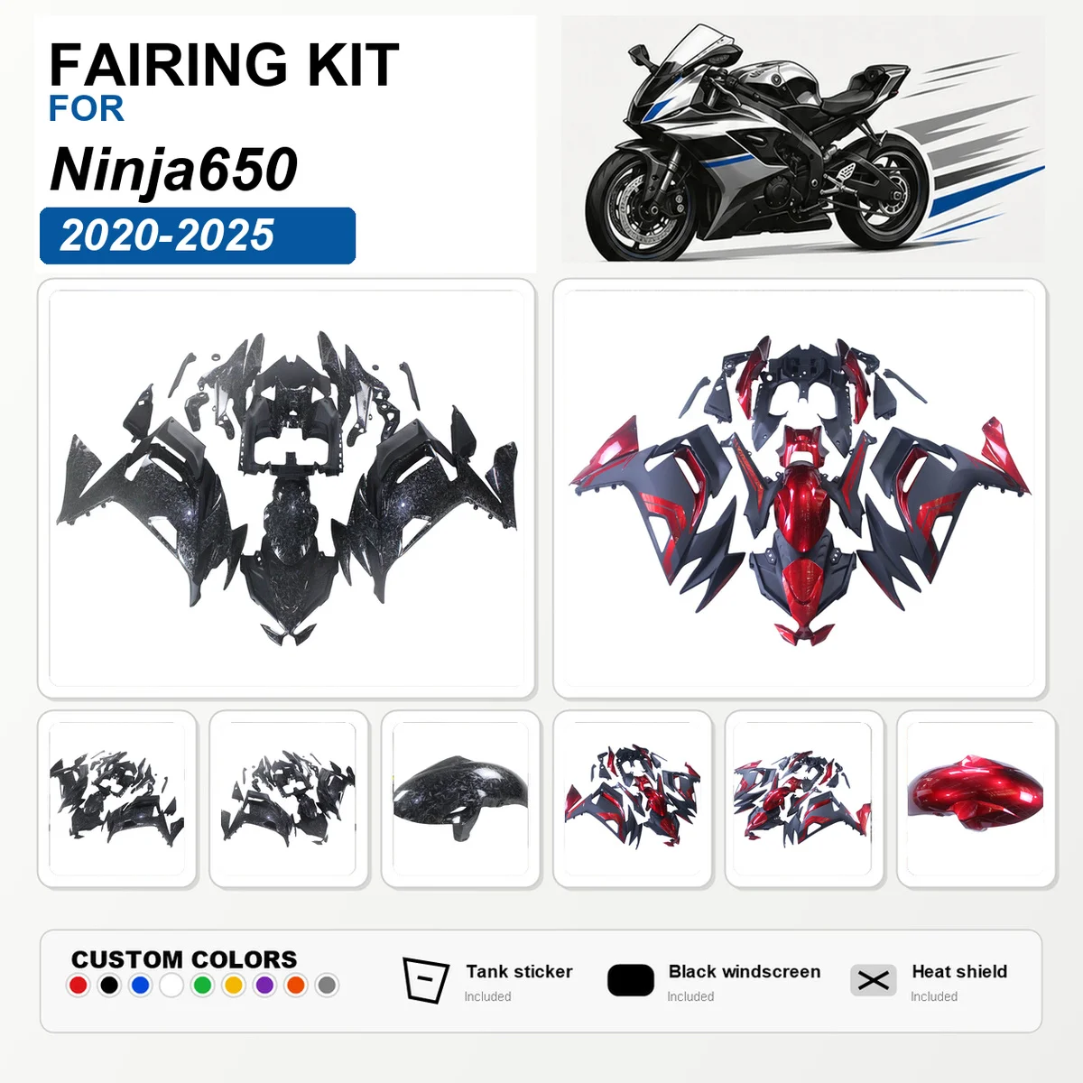 For Ninja650 2020-2025 Painted Fairing Kit Injection Molded ABS Motorbike Fairings Bodywork Cowl Panels Carbon Fibre Color