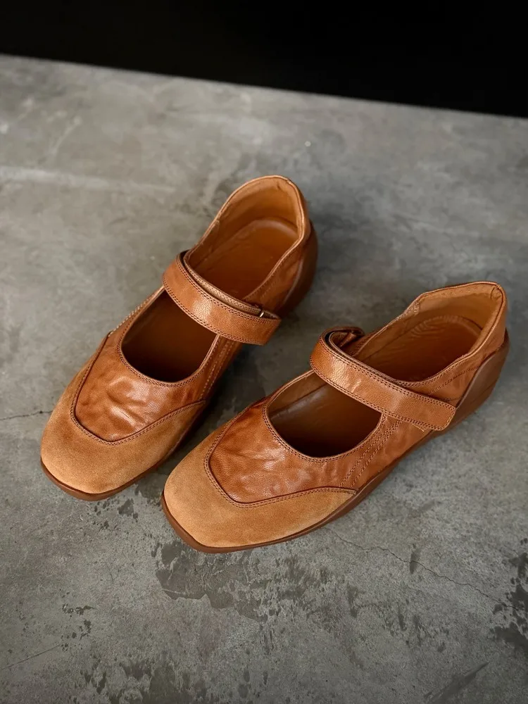 Handmade Women Genuine Leather Pumps Round Toe Shallow Casual Shoes Office Ladies Vintage Hook Loop Comfortable Flat Shoes New