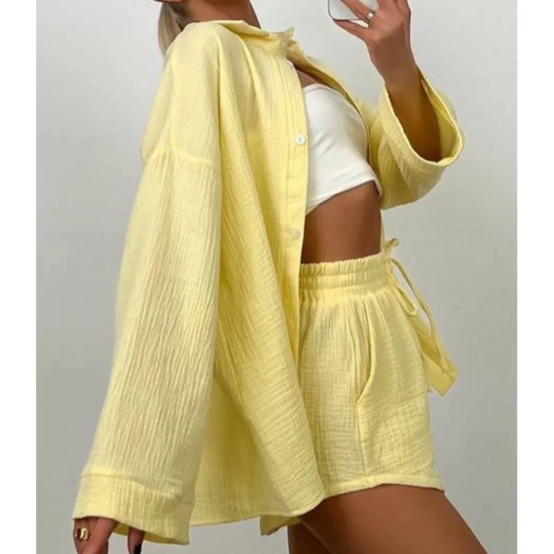 Women's Summer Short Sets Long Sleeve Shirts Tops+Loose Elastic Waist Mini Shorts Sets Cotton Solid Color Pleat Two Pieces Suit