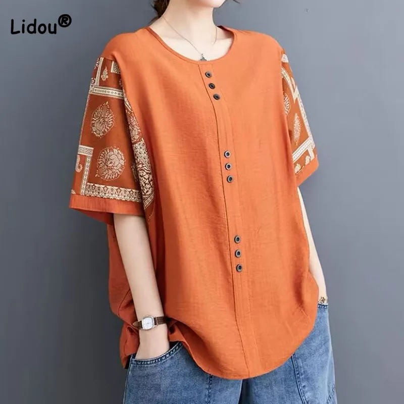 2023 Summer Casual Fashion Printed Half Sleeve T-shirt Round Neck Women\'s Clothing Vintage Loose Button Spliced Tops for Female