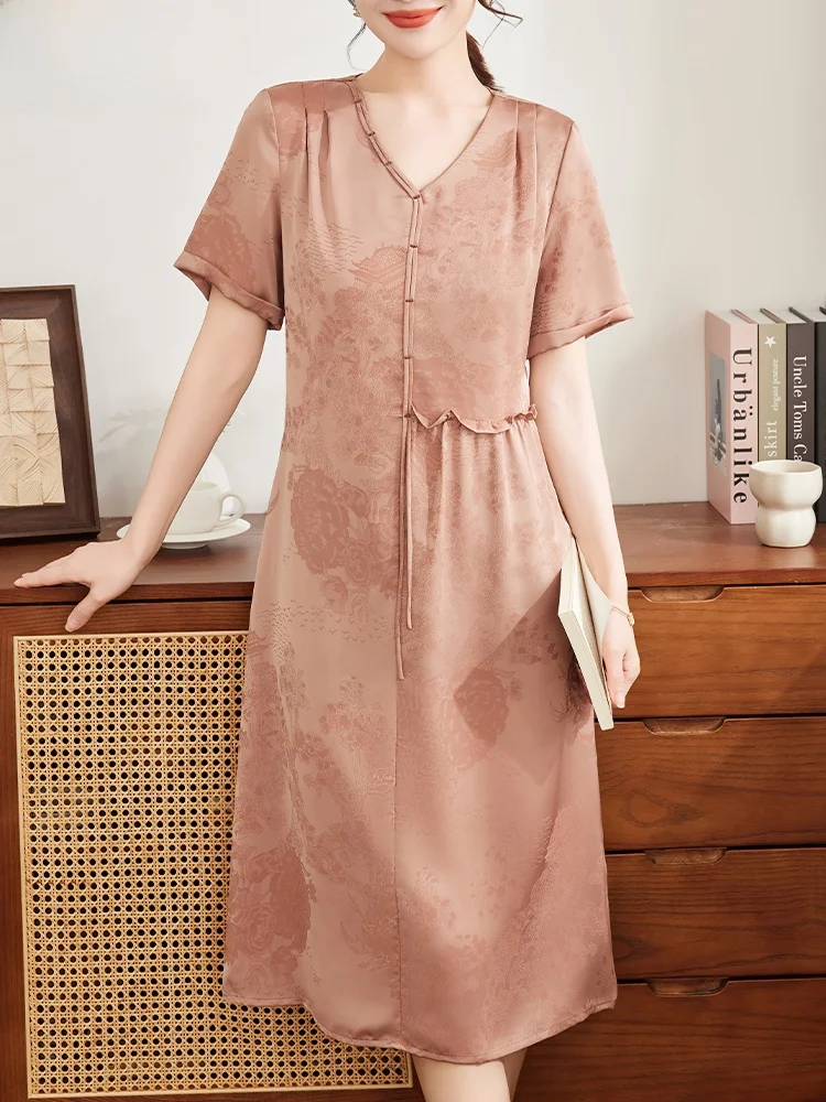 

Новинка 2025: Модное летнее длинное платье для женщин среднего возраста, юбка-миди из полиэстеровой смеси с V-образным вырезом