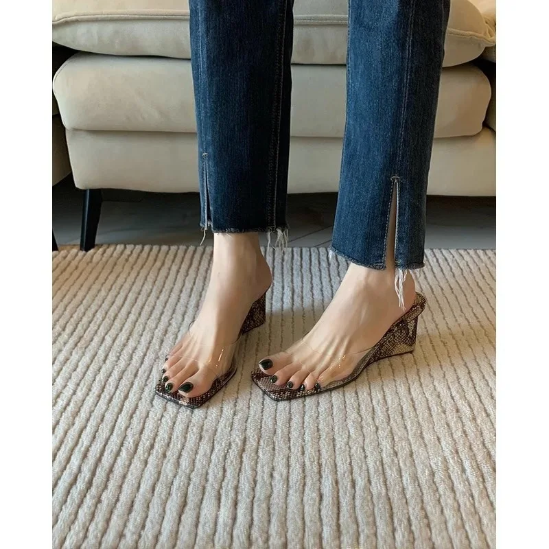 

2026 Summer Women's Fashion Snakeskin Wedge Sandals Transparent Strap Open Toe High Heel Slide Slippers