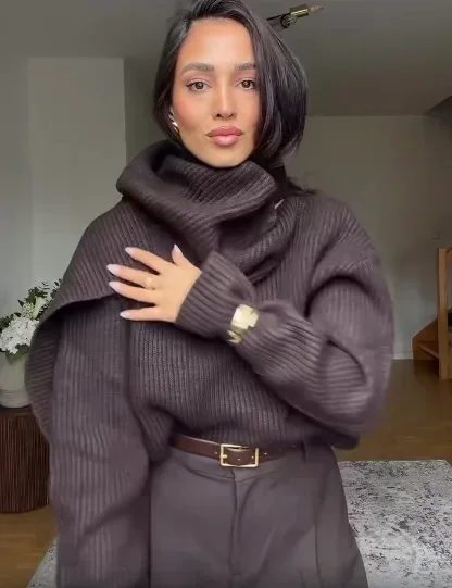 Solid Turtleneck Knit Short Pullover Women Chic Scarf Collar Full Sleeves Loose Warm Sweater 2026 Lady Daily Street Pullovers