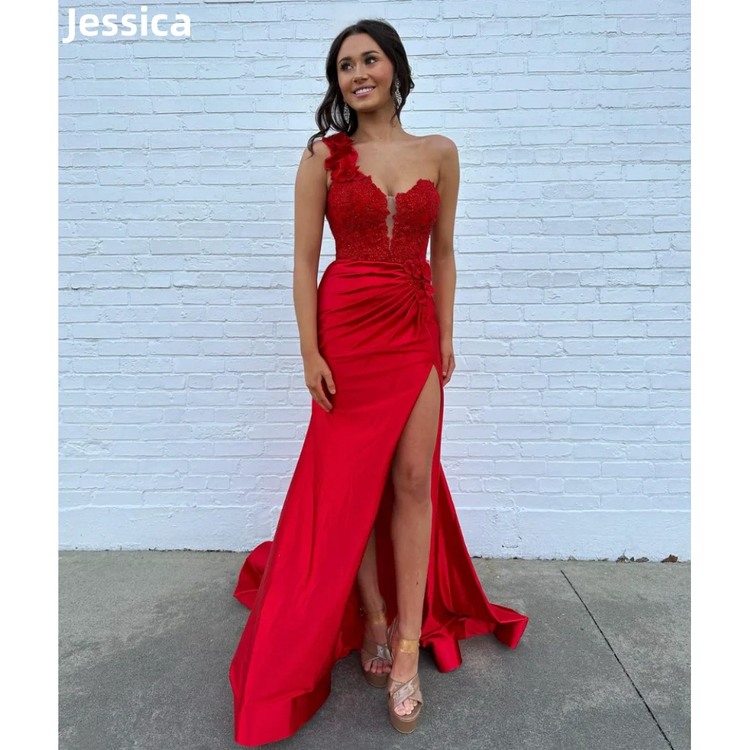 Jessica Red Mermaid Wedding Dress Lace Embroidery Prom Dresses Fairy Sexy One Shoulder Slit Corset Bespoke Occasion Dresses