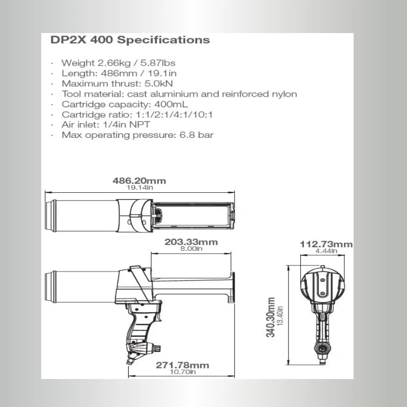 موزع خرطوشة هوائية MixPac DP2X 400 - 400 مل (قابل للتكوين لـ 1:1، 2:1، 4:1، تناسب 10:1)