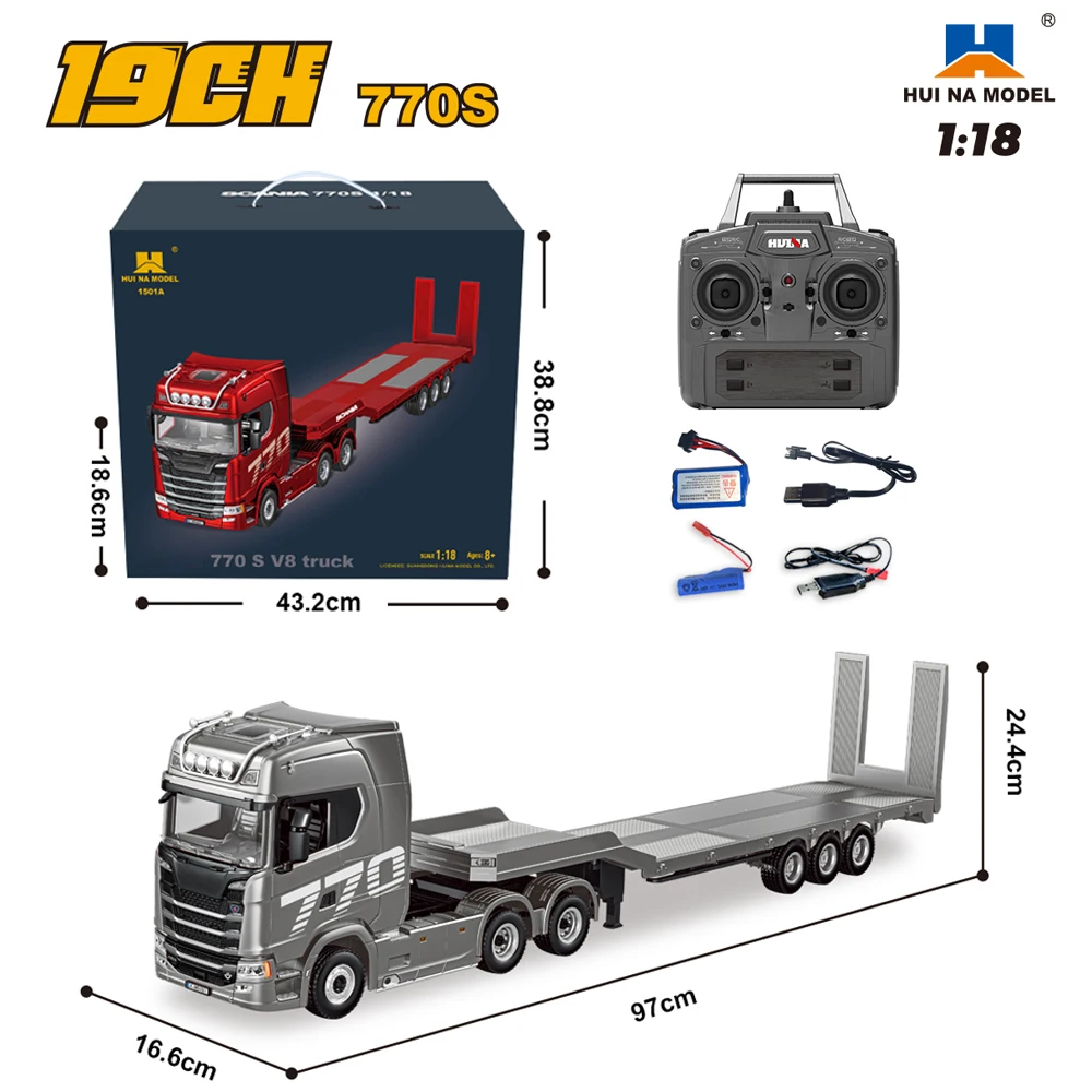 HUINA 1/18 19CH RC Truck 1501 770S Alloy Tractor 2.4G Afstandsbediening Bouwtrailer Truck met Licht en Geluid Speelgoed