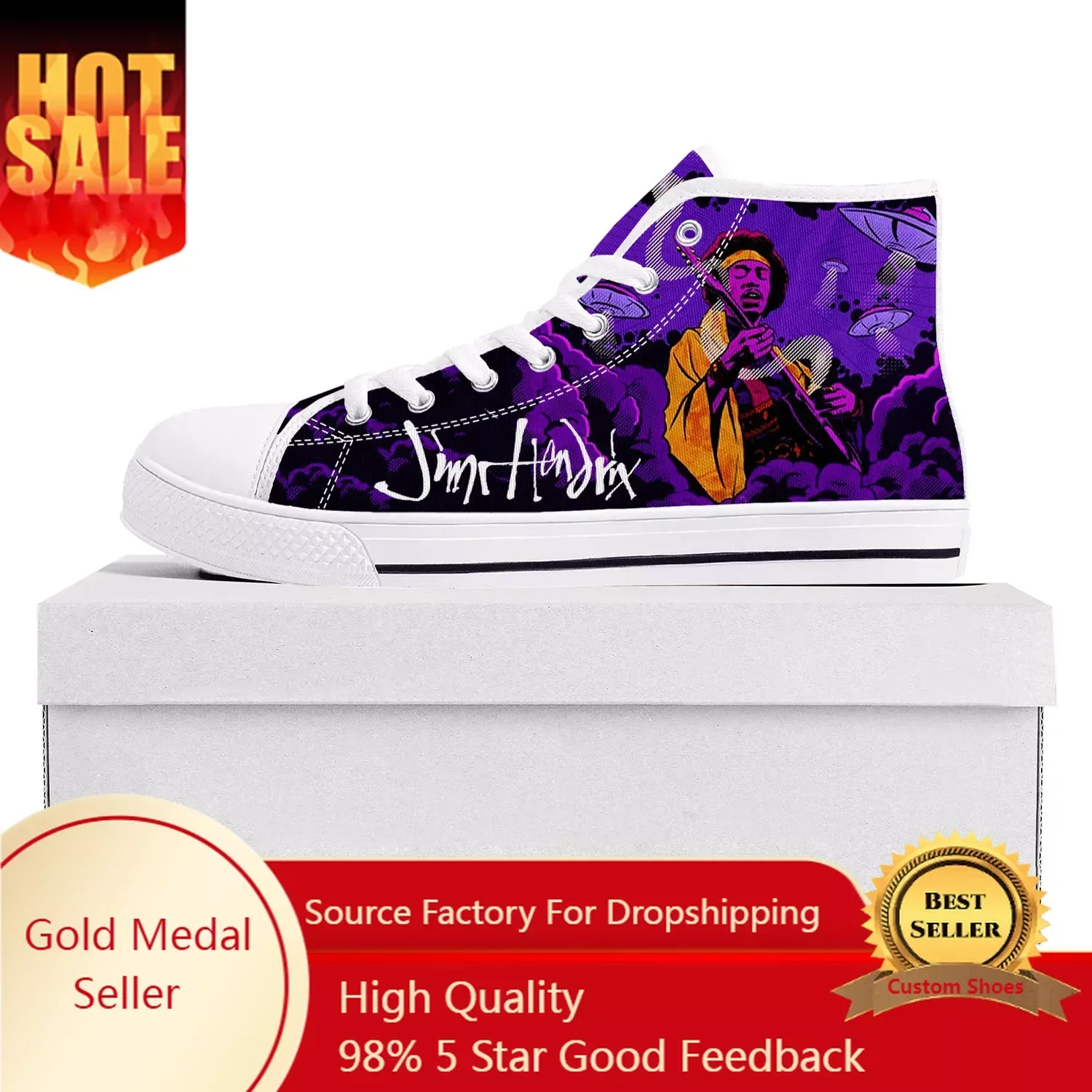 J-Jimi Guitarist High Top High Quality Sneaker Men Women Teenager Canvas Sneaker H-Hendrix Casual Couple Shoes Custom Shoe White