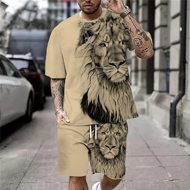 3d lion print mens cool t shirt shorts set sport fitness summer street style oversized graphic 2 piece set mens plus size clo