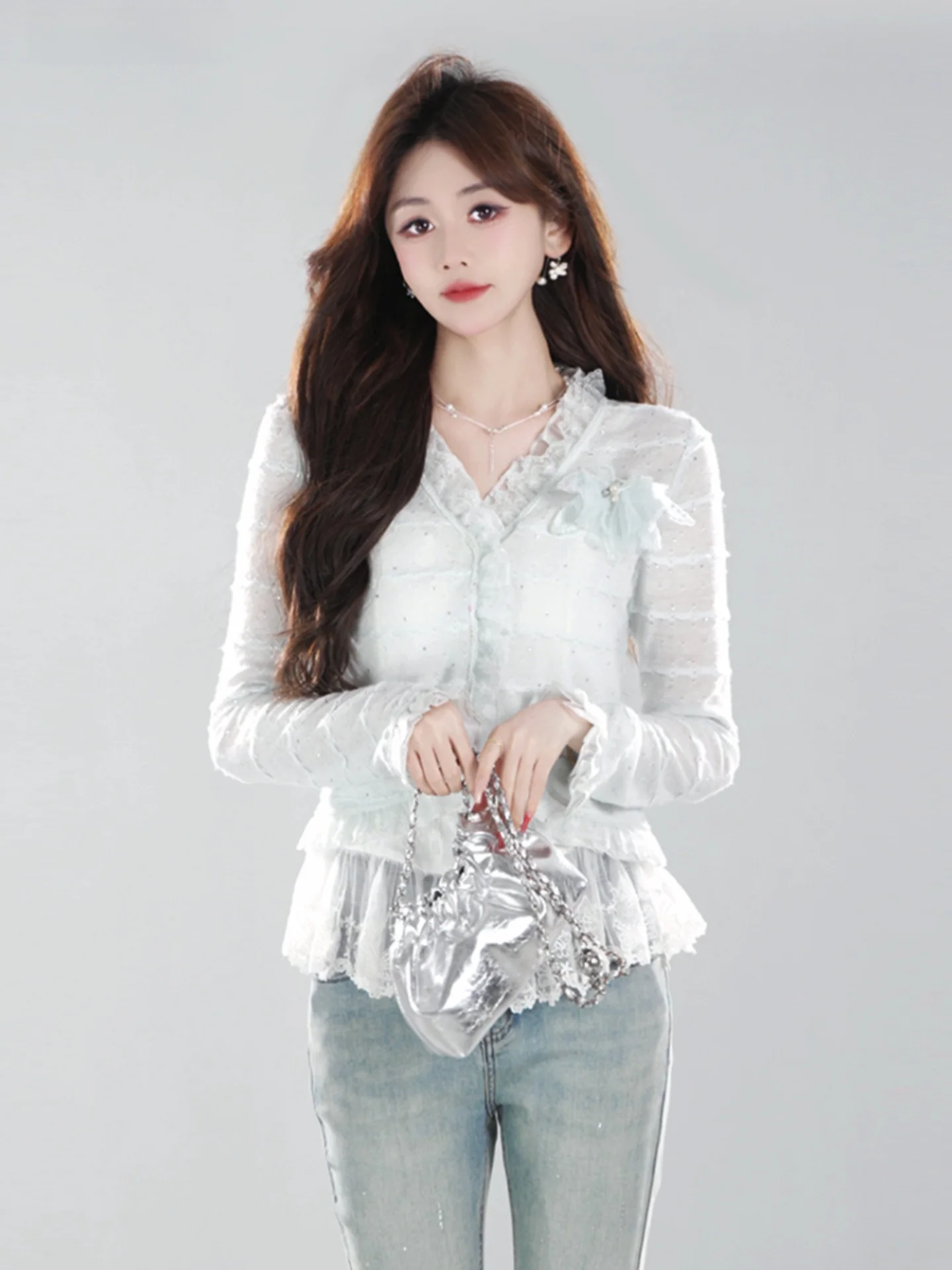 

Annelily Angelique Spring Summer New Style Lightweight Luxury Fashion Design Lace Shirt for Girls Breathable Skin-friendly