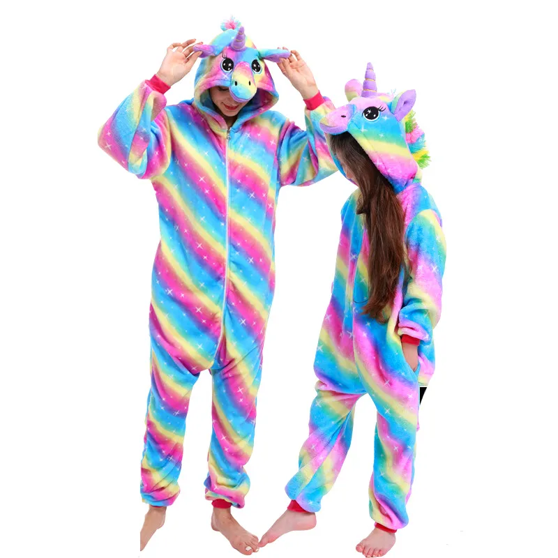 Unisex Kigurumi Unicorn Cartoon Flannel Pajamas Women Men Hooded Sleepwear Onesies Jumpsuits Halloween Animal Cosplay Costumes