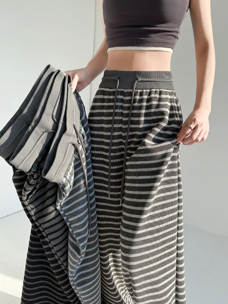 Y2K Pantaloni a gamba larga a righe nere Nuovo autunno a vita alta con coulisse in maglia Pantaloni da passeggio casual larghi Pantaloni lunghi fino al pavimento Streetwear