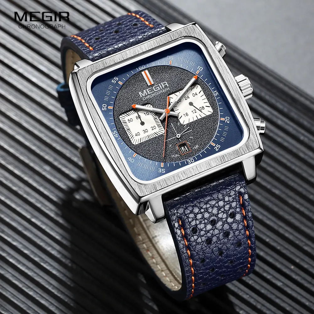 MEGIR Blue Square Dial Watch for Men Casual Sport Leather Strap Chronograph Quartz Wristwatch with Date 24-hour 3atm Waterproof