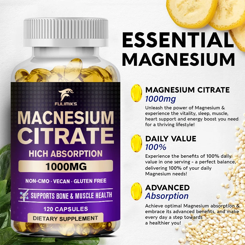 Magnesium Citrate 1000 Mg, 120 Capsules - Maximum Absorption for Muscle, Nerve, Bone & Heart Health Gluten Free, Non-GMO