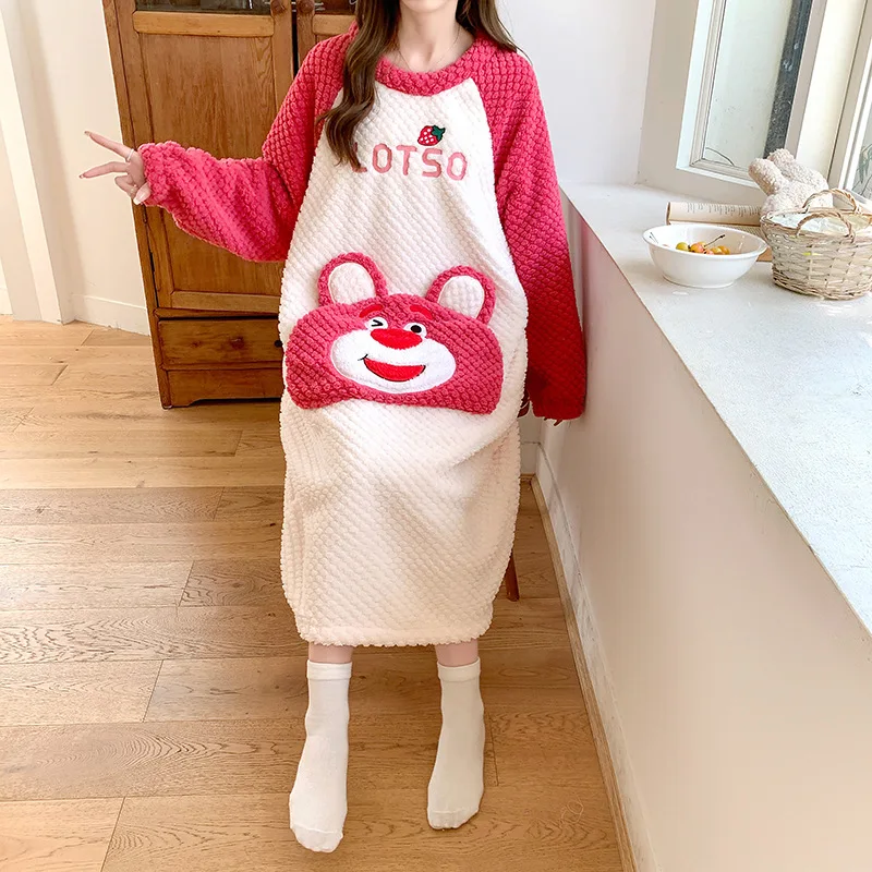 MINISO Strawberry Bear Thick Long Sleeping Skirt for Women, Autumn and Winter Coral Velvet Plus Large Cartoon Pajamas