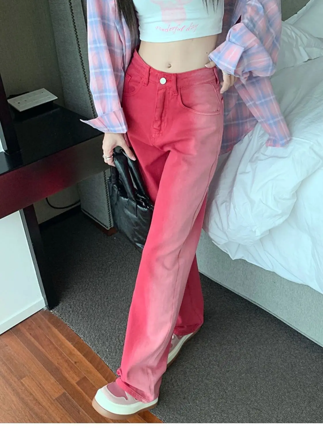 Vintage Streetwear Gradient Pink Jeans Women High Waist Straight Wide Leg Pants Straight Denim Female Trousers