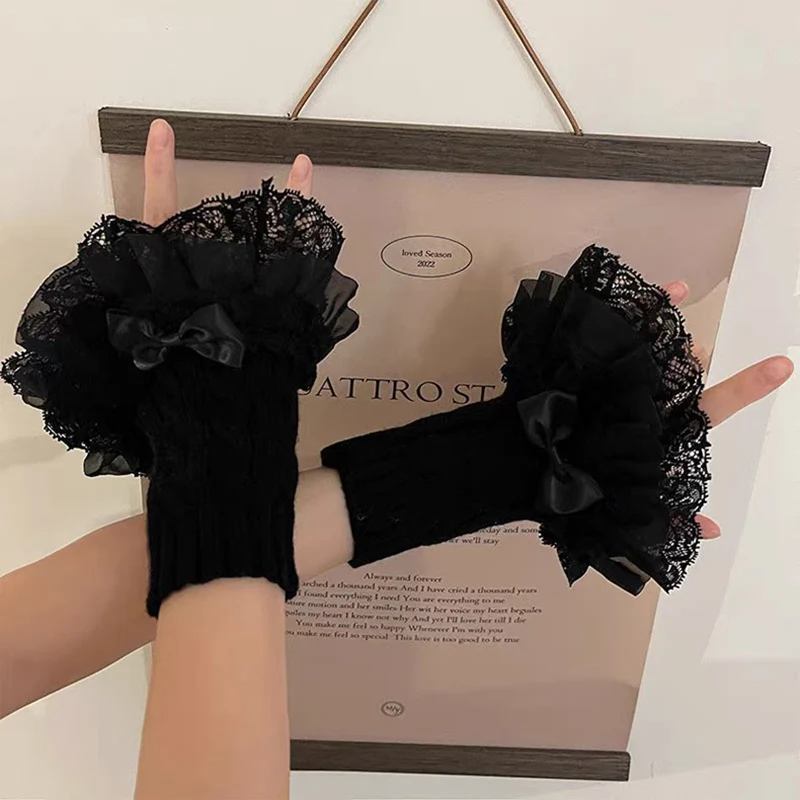 Lolita Bowknot Fake Sleeve Women Girls Knitted Lace Ruffles Cuffs False Sleeves Y2K Gothic Fingerless Detachable Wrist Warmer