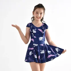 Girls One Piece Swimsuit Swan Feather Print Bathing Suit for Kids Swimwear with Shorts Hat Beach Princess Swim Dress Skirt