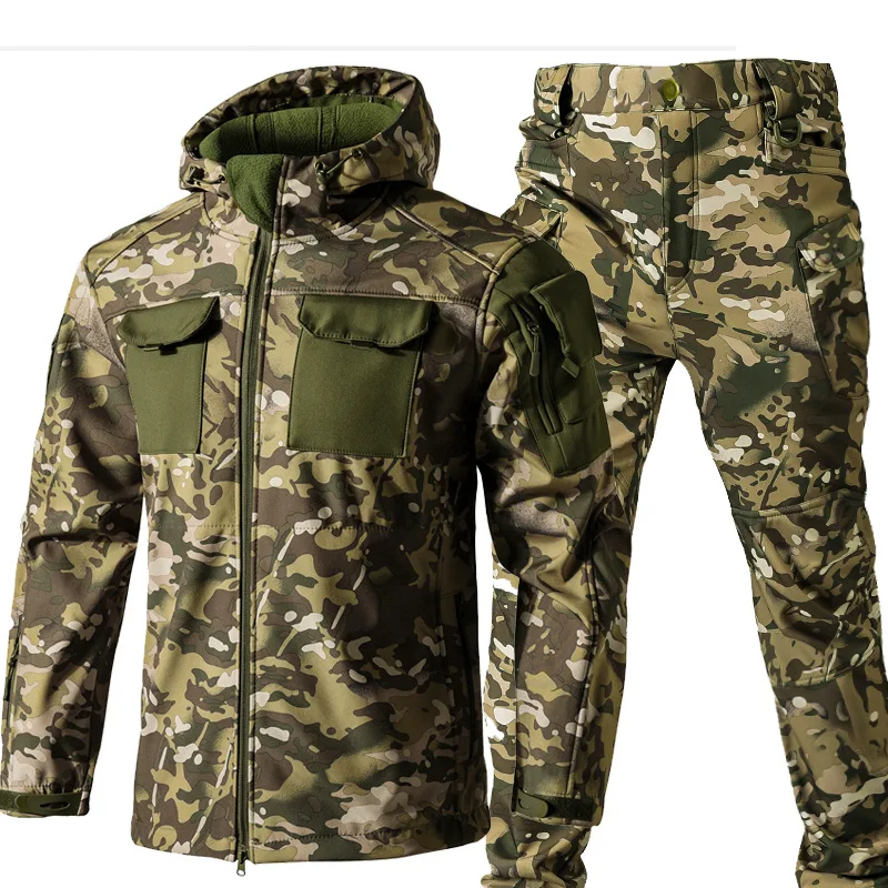 Camouflage Shark Skin Softshell Jacket Pants Set Men's Waterproof Windproof Thermal Military Tactical Outdoor Winter Man Set