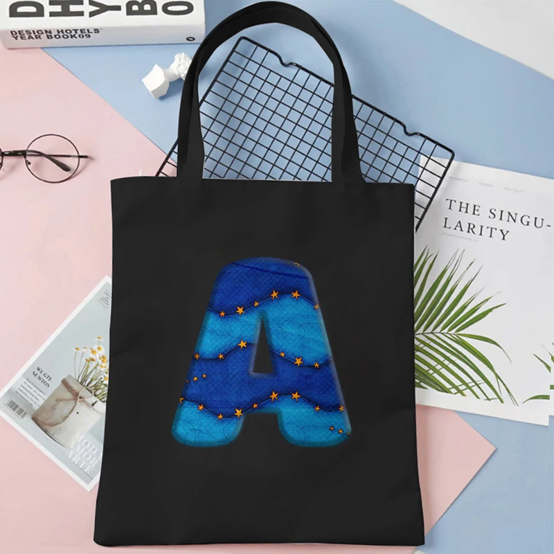 Night Sky 26 Letter Print Canvas Tote Bag Women Shoulder Bag Fashion Aesthetics Star Alphabet Shopping Ladies Reusable HandBags