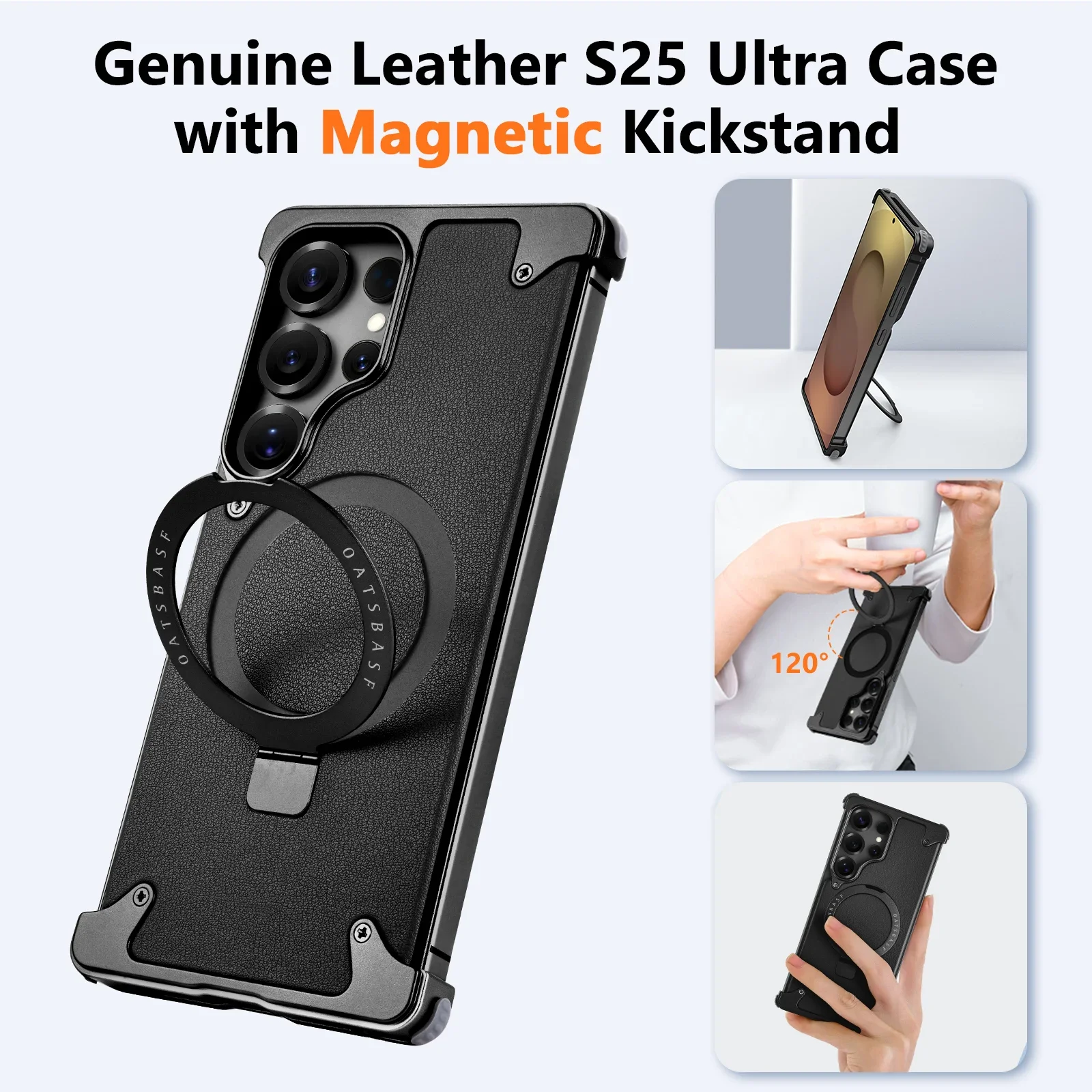 

Oatsbasf for Samsung Galaxy S25 Ultra Phone Case with Stand Magsafe Frameless Metal & Leather Shockproof Protective Phone Cover