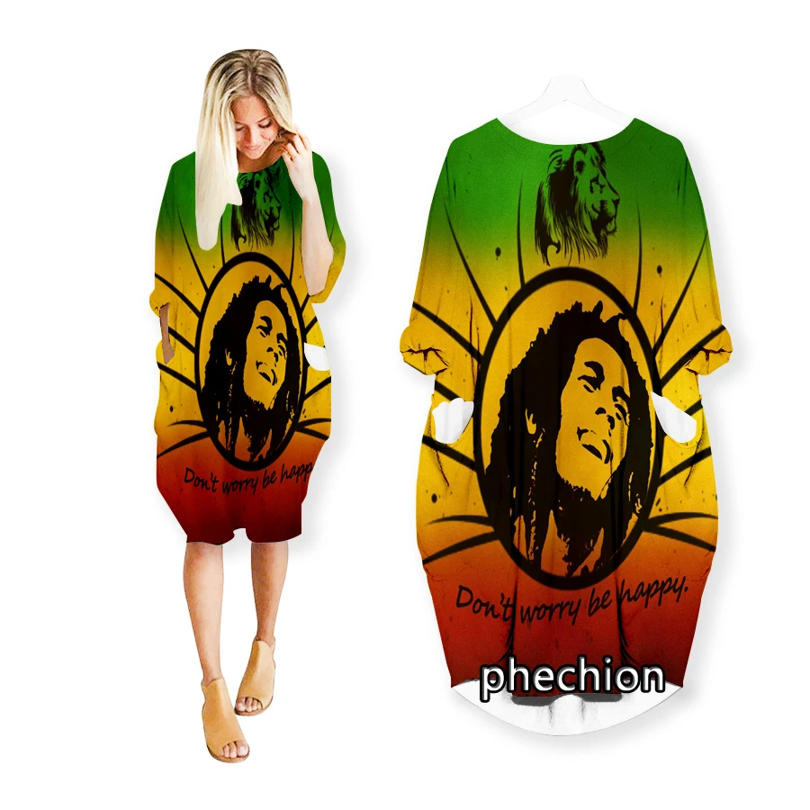 phechion New Fashion Bob Marley 3D Print Dresses Casual Mid-length Dress Women Clothing Pocket Long Sleeve Tops T53