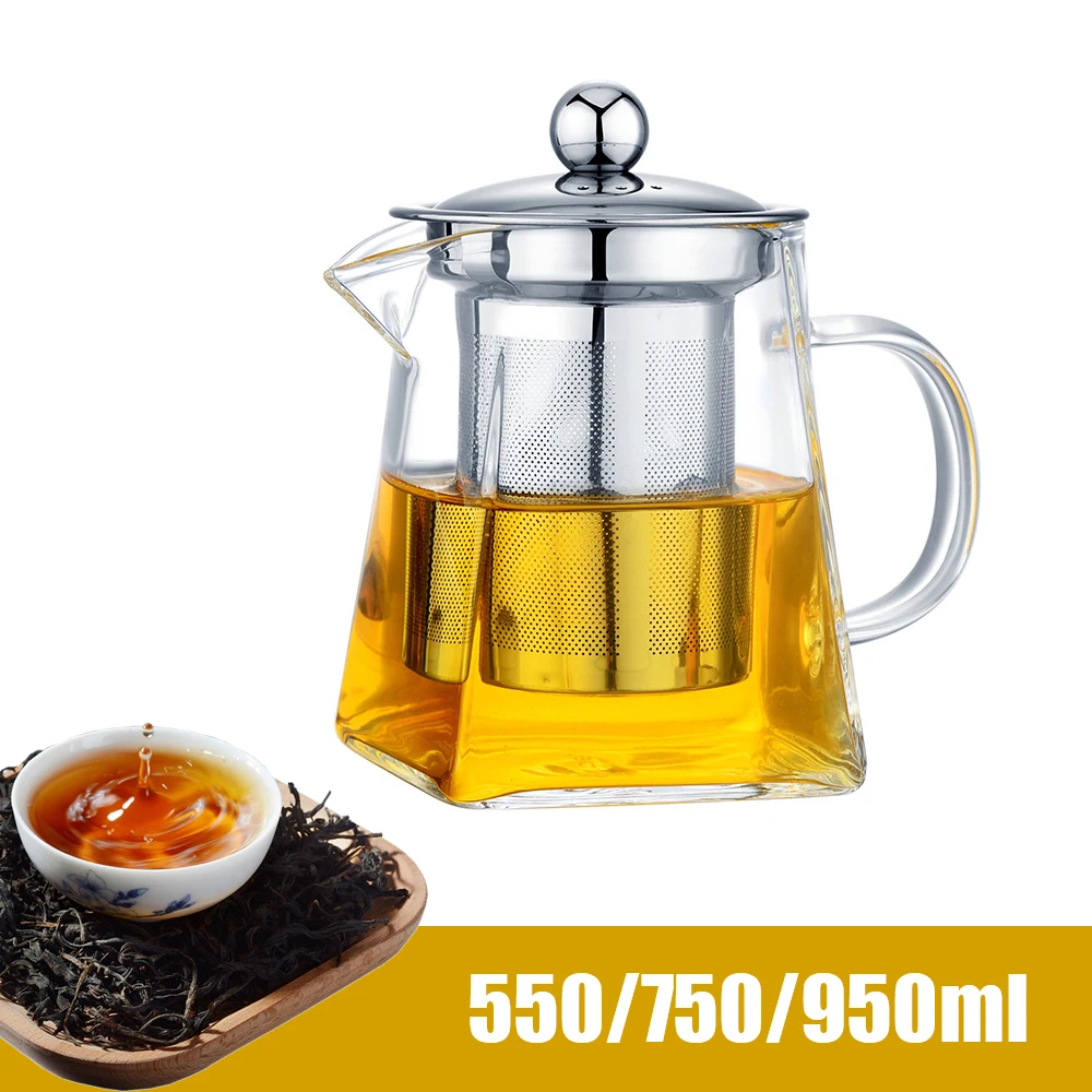 Household Teaware Clear Kettle Tea Infuser Glass Teapot Heat Resistant 550/750/950ML With Stainless Steel Infuser