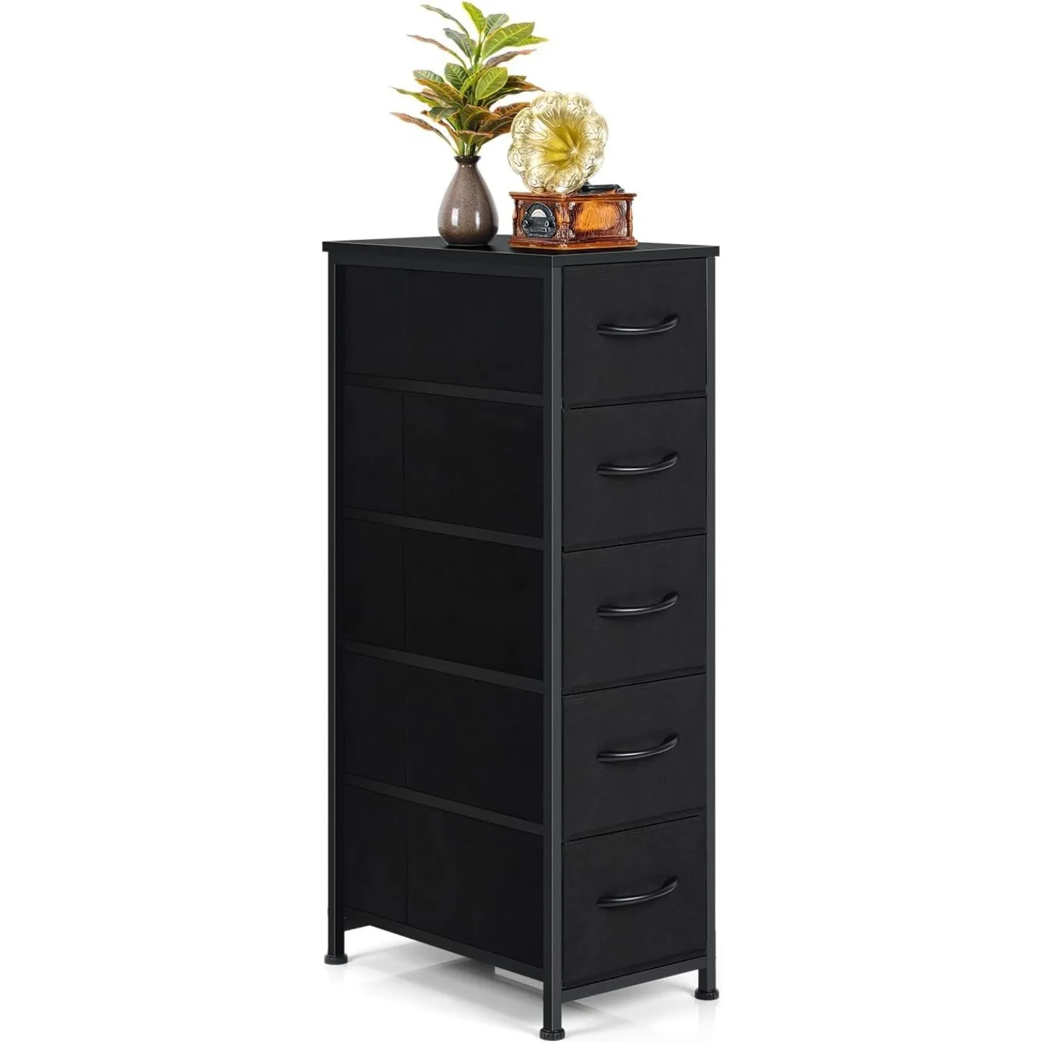 

Slim 5-Drawer Dresser with Wheels & Wood Top, Narrow Fabric Storage Cabinet, Mobile Chest for Bedroom Bathroom Laundry Closet